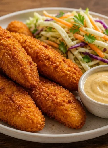 Crispy chicken tenders plate with sauces served on a white dish