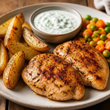 Crispy chicken garnished with herbs served with crispy potato wedges