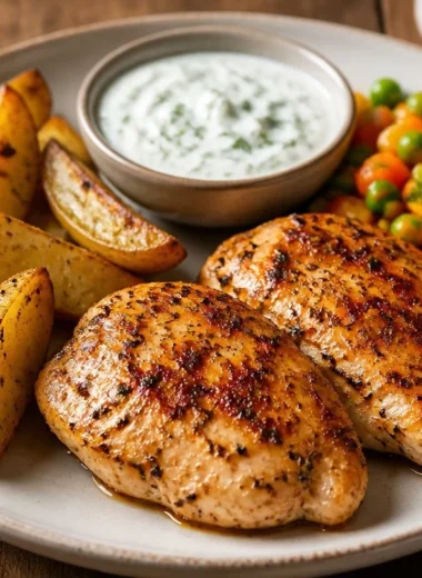 Crispy chicken garnished with herbs served with crispy potato wedges