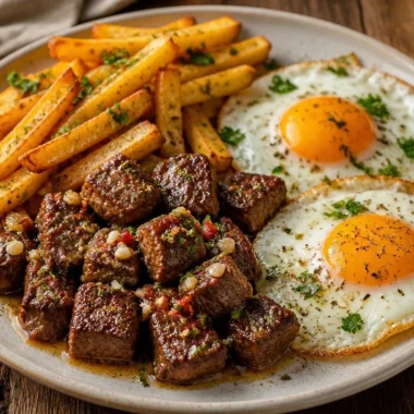 Crispy fries served with steak and eggs on a plate