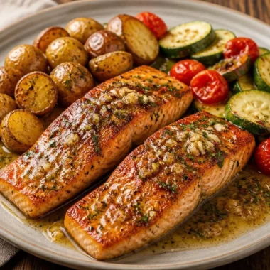 Crispy garlic butter salmon fillet garnished with herbs on a plate.