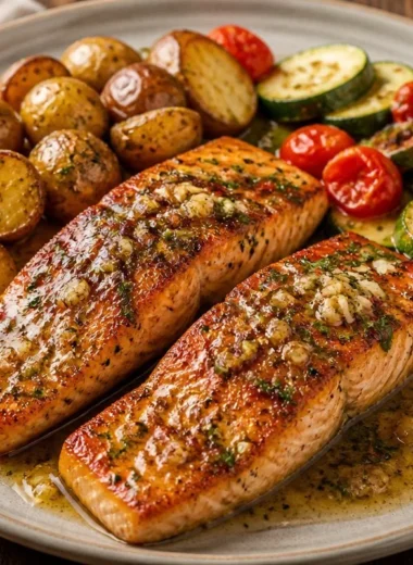 Crispy garlic butter salmon fillet garnished with herbs on a plate.