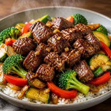 Crispy Garlic Steak Veggies Rice Bowl with colorful vegetables and fluffy rice