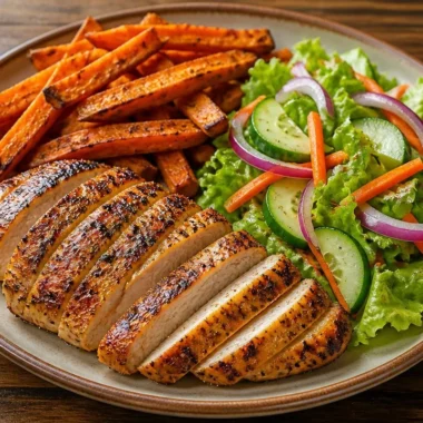Crispy grilled chicken served with sweet potatoes on a plate