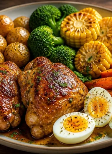 Plate of crispy honey chicken with mixed vegetables