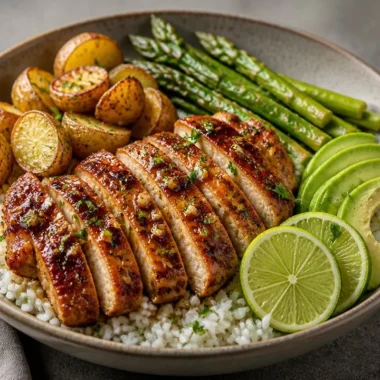 Crispy Honey Garlic Chicken served in a rice bowl garnished with vegetables