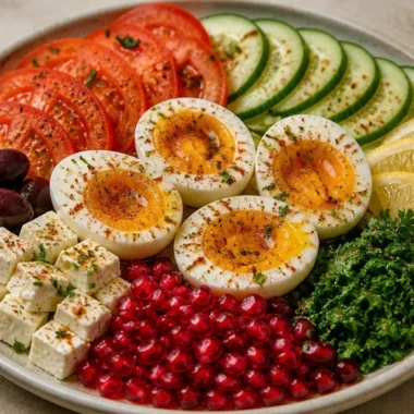 Crispy Mediterranean Egg and Veggie Plate garnished with herbs