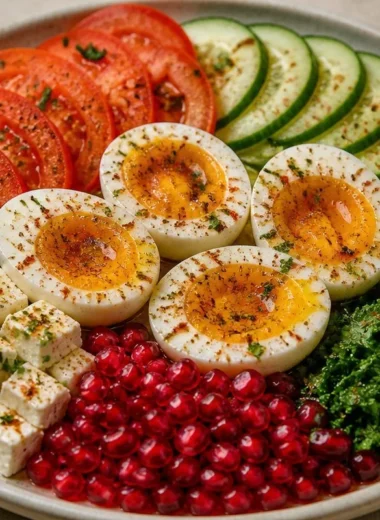 Crispy Mediterranean Egg and Veggie Plate garnished with herbs