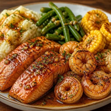 Crispy one-pan honey garlic salmon and shrimp served with fresh vegetables