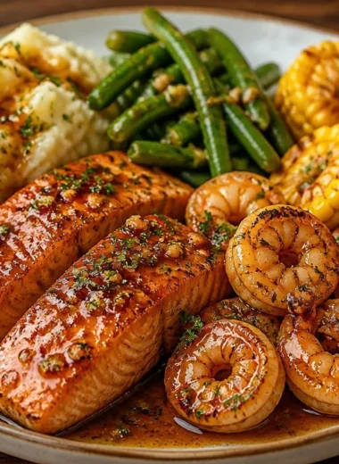 Crispy one-pan honey garlic salmon and shrimp served with fresh vegetables