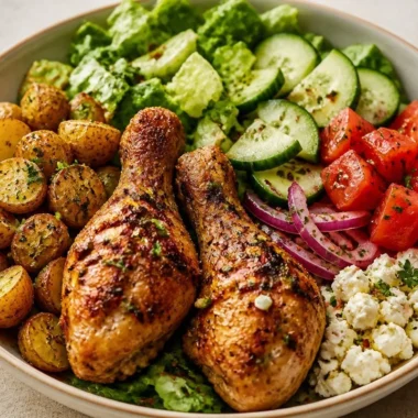 Crispy One-Pan Mediterranean Chicken Bowl with colorful veggies and spices