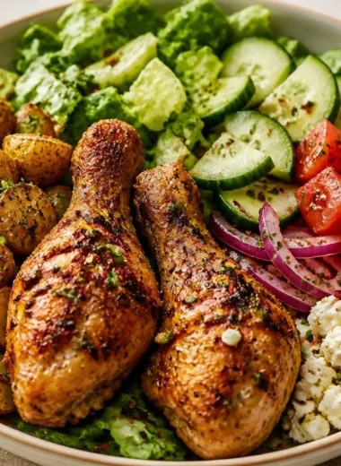 Crispy One-Pan Mediterranean Chicken Bowl with colorful veggies and spices