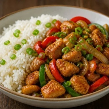 Crispy Pepper-Chicken Stir-Fry served in a rice bowl with colorful vegetables.