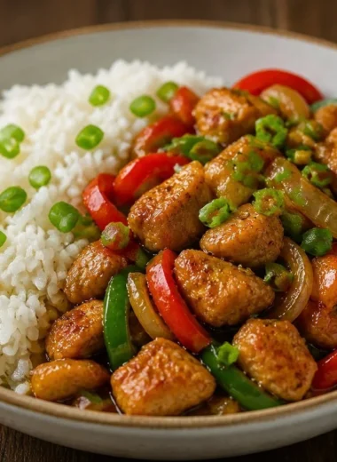Crispy Pepper-Chicken Stir-Fry served in a rice bowl with colorful vegetables.