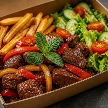 Crispy Pepper Steak served in a box with golden fries