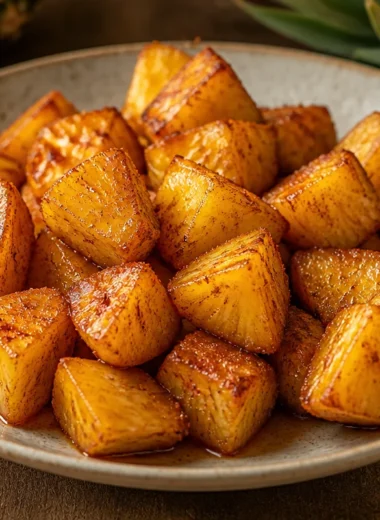 Air-fried crispy pineapple chunks served in a bowl