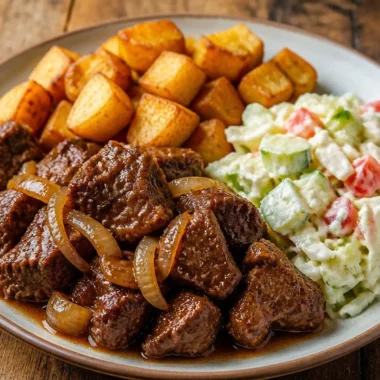 Bowl of beef stew with crispy potatoes on top, garnished with herbs