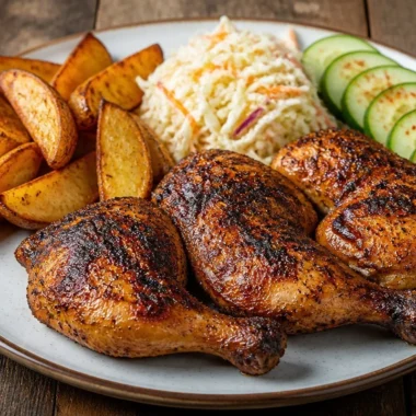 Plate of crispy potatoes beside grilled chicken, garnished with herbs.