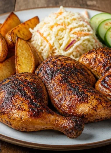 Plate of crispy potatoes beside grilled chicken, garnished with herbs.