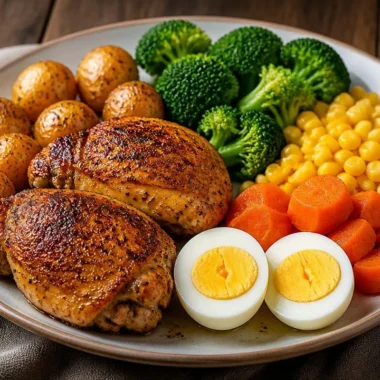Crispy roast chicken with colorful roasted veggies on a serving platter.