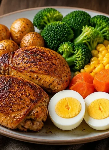 Crispy roast chicken with colorful roasted veggies on a serving platter.