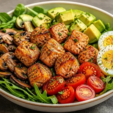 Crispy salmon power bowl with colorful vegetables and grains