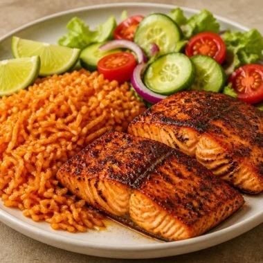Crispy salmon rice bowl topped with fresh greens and flavorful sauce.