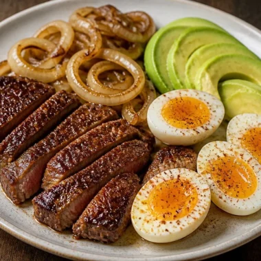 Crispy steak breakfast with eggs and avocado on a plate