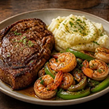 Crispy Surf & Turf Steak Plate with steak and seafood garnish