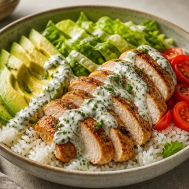 Crunchy Chicken Avocado Rice Bowl with fresh ingredients and vibrant colors