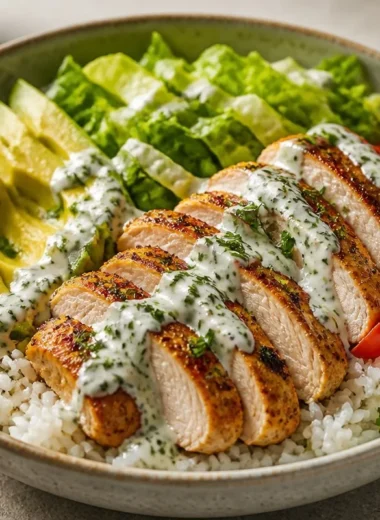 Crunchy Chicken Avocado Rice Bowl with fresh ingredients and vibrant colors