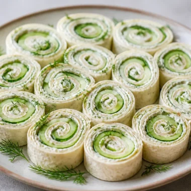 Crunchy cucumber dill pinwheels appetizer on a serving platter