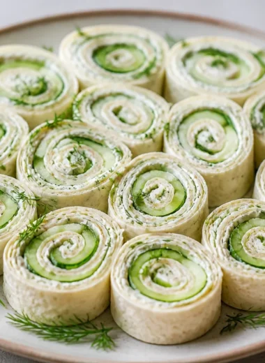 Crunchy cucumber dill pinwheels appetizer on a serving platter