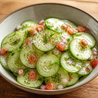 Fresh cucumber salad with dressing and herbs in a bowl