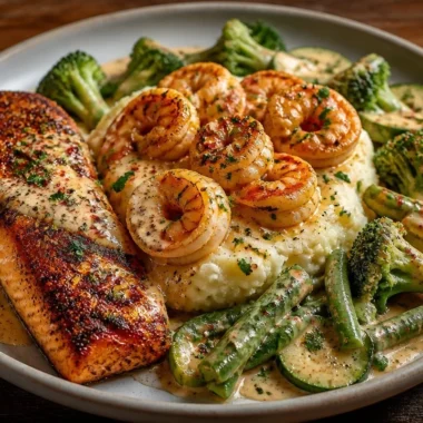 Easy Cajun salmon and shrimp skillet served on a plate.