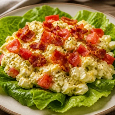 Delicious homemade egg salad in a bowl with fresh herbs and spices.