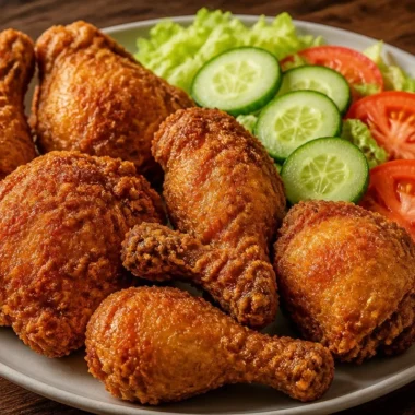 Fried chicken salad plate with crispy chicken, fresh greens, and colorful vegetables