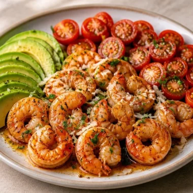 Delicious Garlic Butter Shrimp served on a plate with fresh avocado slices