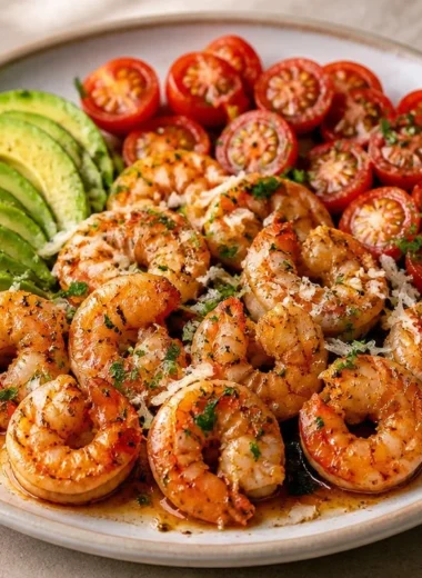 Delicious Garlic Butter Shrimp served on a plate with fresh avocado slices