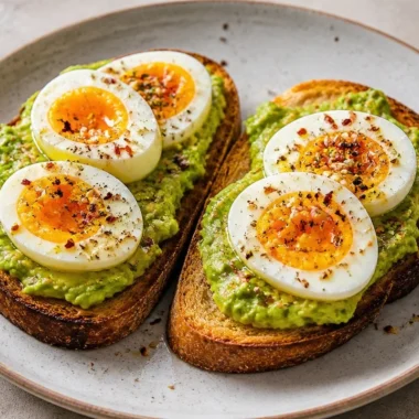 Delicious golden avocado egg toast topped with spices and microgreens