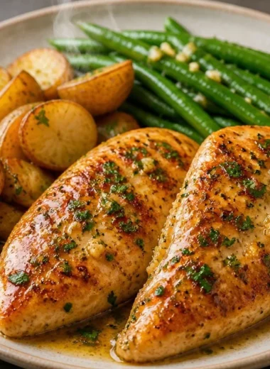 Delicious golden garlic butter chicken garnished with herbs on a plate.