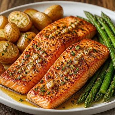 Golden garlic butter salmon fillet garnished with herbs