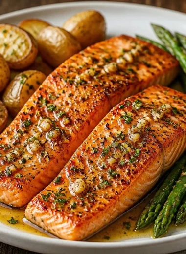 Golden garlic butter salmon fillet garnished with herbs