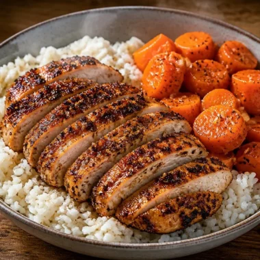 Golden Garlic Pepper Chicken Rice Bowl garnished with herbs on a rustic table
