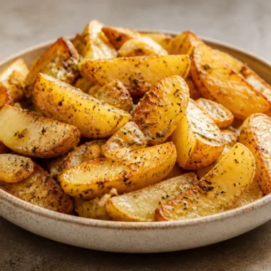 Golden Greek-style lemon potatoes with garlic and oregano on a plate