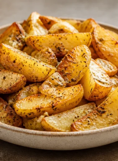 Golden Greek-style lemon potatoes with garlic and oregano on a plate