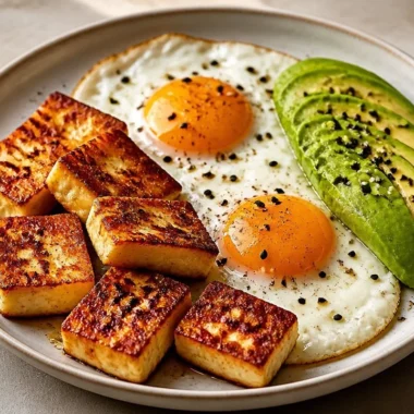 Golden Halloumi, Eggs, and Avocado Power Plate, a nutritious meal loaded with flavor.
