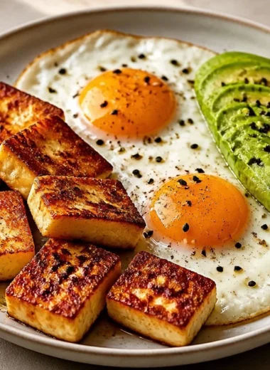 Golden Halloumi, Eggs, and Avocado Power Plate, a nutritious meal loaded with flavor.