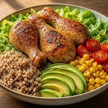 Golden Herb Roasted Chicken Grain Bowl with fresh herbs and grains