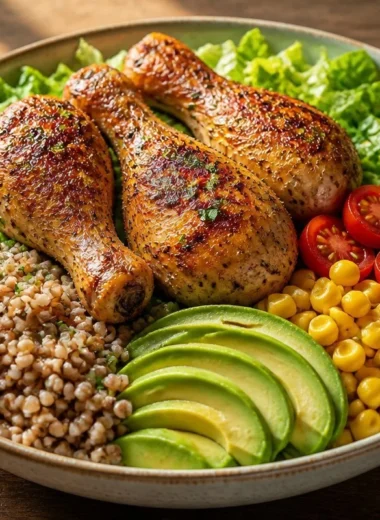 Golden Herb Roasted Chicken Grain Bowl with fresh herbs and grains